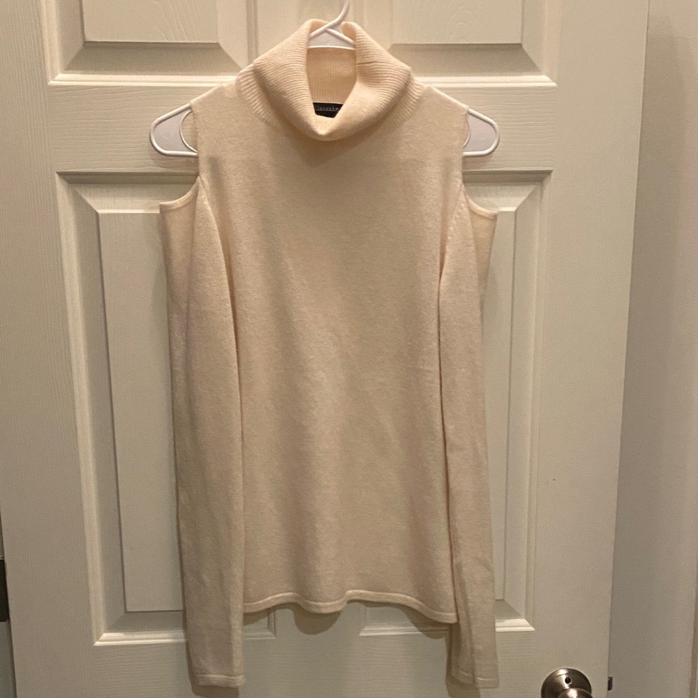 Sofia Cashmere Cream Turtle Neck Sweater shoulder cutout